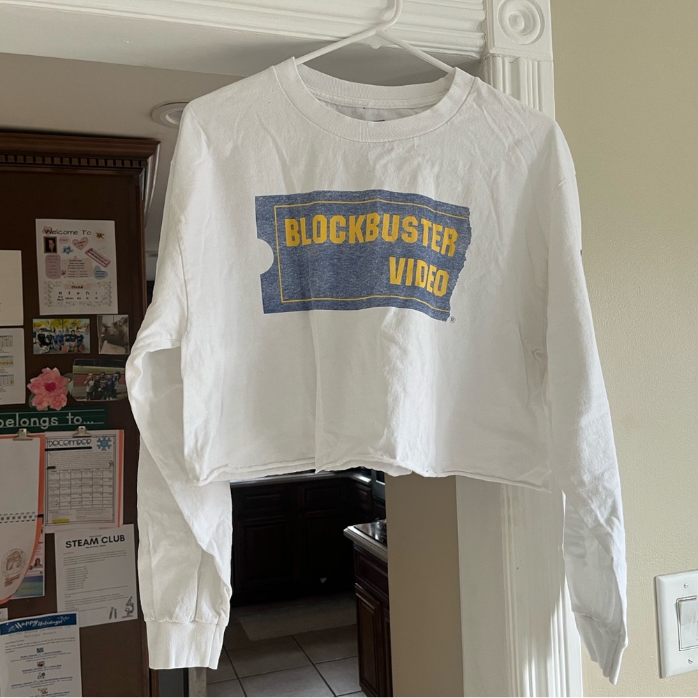 Blockbuster Video White Cropped Long Sleeve Shirt